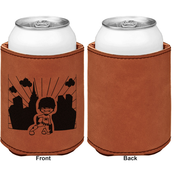 Superhero in the City Cognac Leatherette Can Sleeve - Single Sided Front and Back