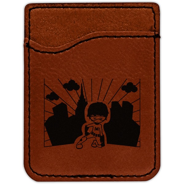 Superhero in the City Cognac Leatherette Phone Wallet close up