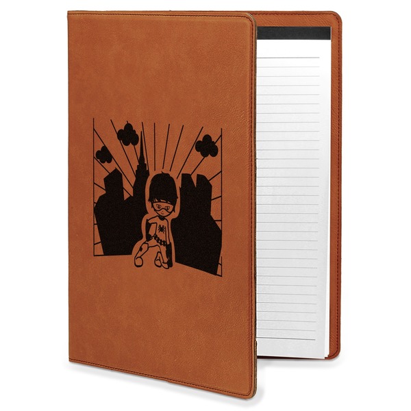 Custom Superhero in the City Leatherette Portfolio with Notepad - Large - Double Sided