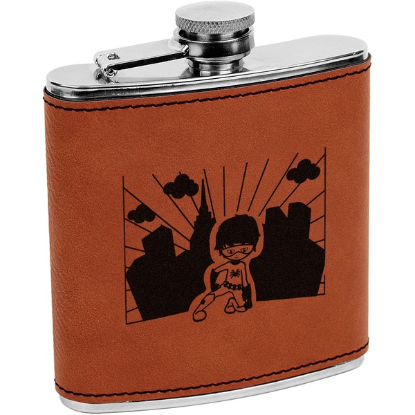 Custom Superhero in the City Leatherette Wrapped Stainless Steel Flask