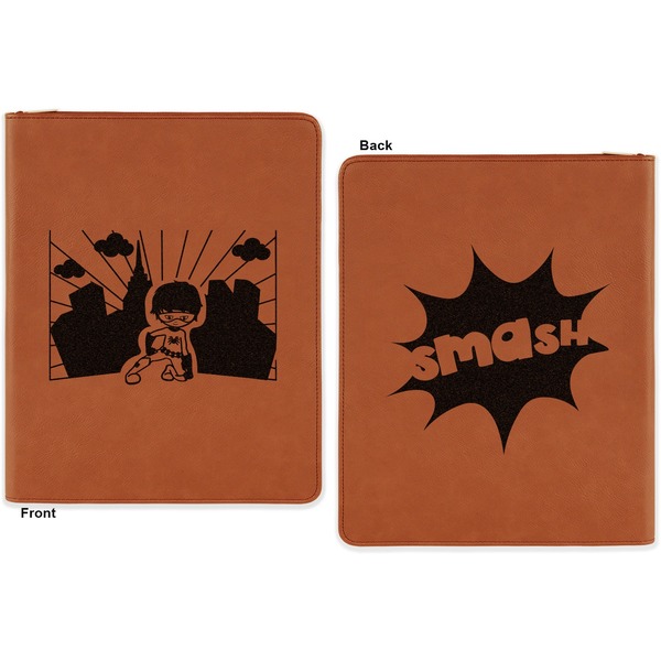 Superhero in the City Cognac Leatherette Zipper Portfolios with Notepad - Double Sided - Apvl