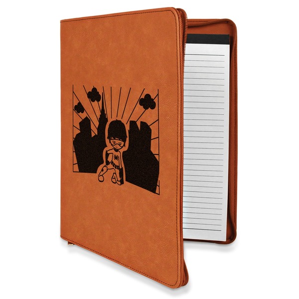 Custom Superhero in the City Leatherette Zipper Portfolio with Notepad
