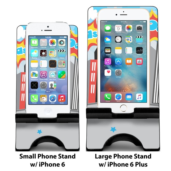 Superhero in the City Compare Phone Stand Sizes - with iPhones