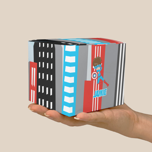 Superhero in the City Cube Favor Gift Box - On Hand - Scale View