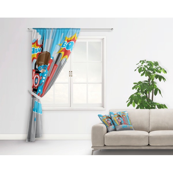 Superhero in the City Curtain With Window and Rod - in Room Matching Pillow