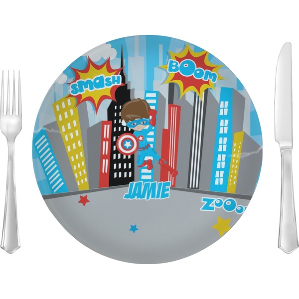 Custom Superhero in the City 10" Glass Lunch / Dinner Plates - Single or Set (Personalized)