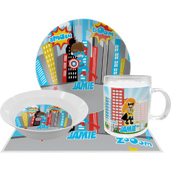 Superhero in the City Dinner Set - Single 4 Pc Setting w/ Name or Text