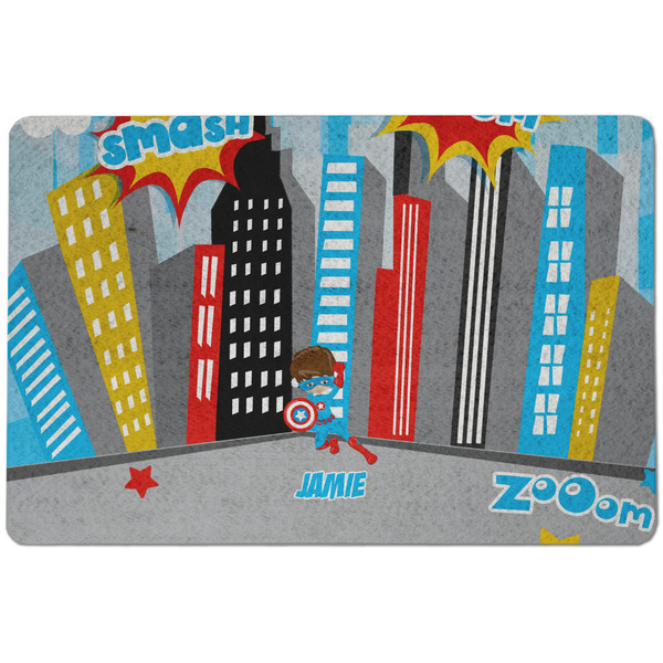 Custom Superhero in the City Dog Food Mat w/ Name or Text