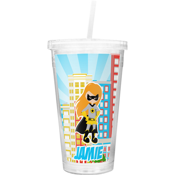 Custom Superhero in the City Double Wall Tumbler with Straw (Personalized)