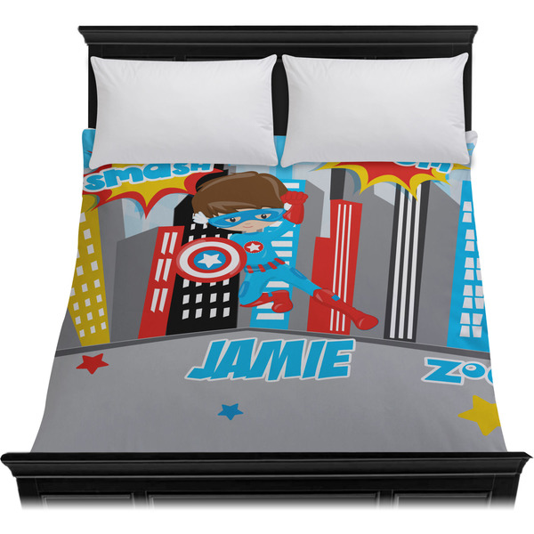 Superhero in the City Duvet Cover - Queen - On Bed - No Prop