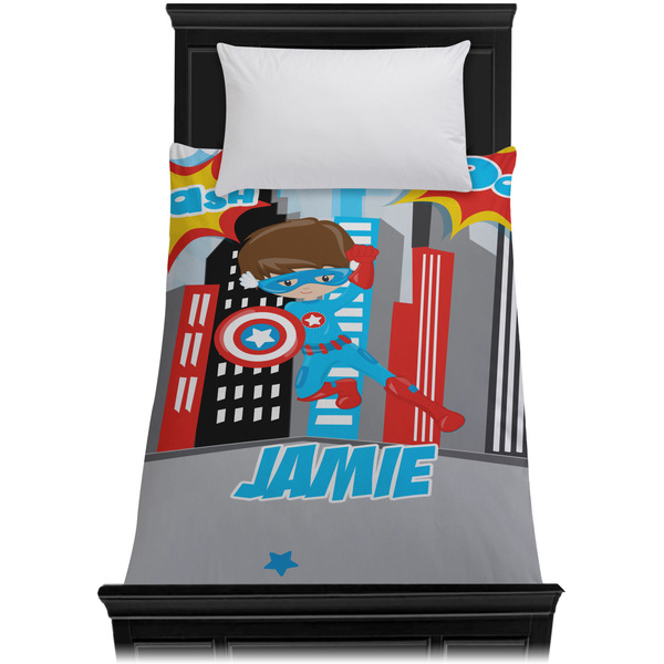 Superhero in the City Duvet Cover - Twin - On Bed - No Prop