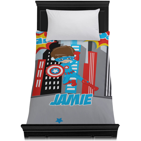 Superhero in the City Duvet Cover - Twin XL - On Bed - No Prop