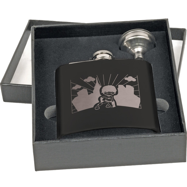 Superhero in the City Engraved Black Flask Gift Set