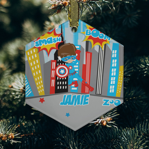 Superhero in the City Frosted Glass Ornament - Hexagon (Lifestyle)
