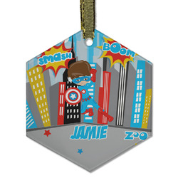 Superhero in the City Flat Glass Ornament - Hexagon w/ Name or Text