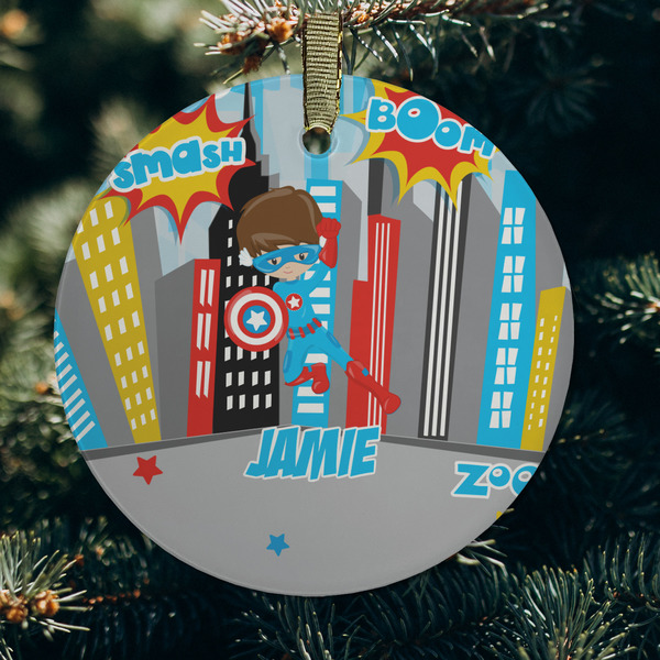 Superhero in the City Frosted Glass Ornament - Round (Lifestyle)