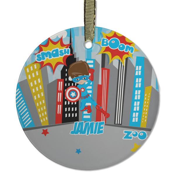 Custom Superhero in the City Flat Glass Ornament - Round w/ Name or Text