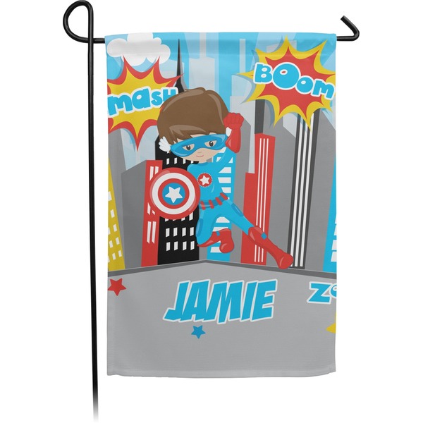 Custom Superhero in the City Small Garden Flag - Double Sided w/ Name or Text