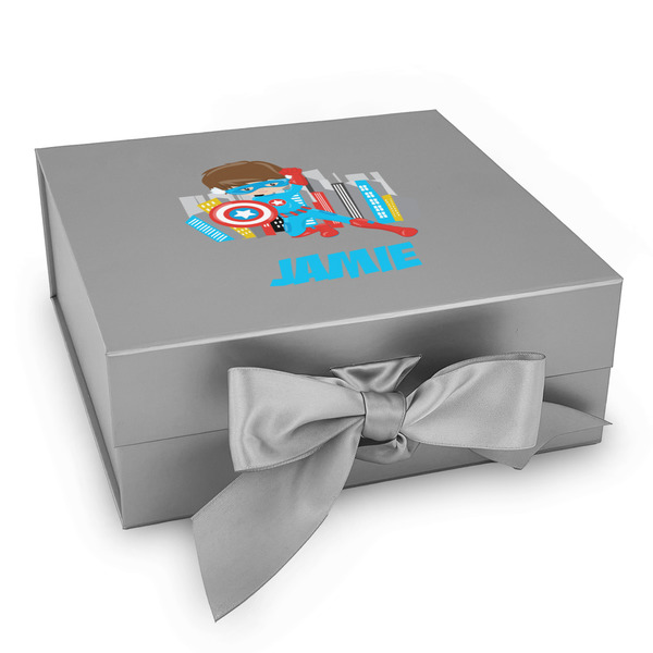 Custom Superhero in the City Gift Box with Magnetic Lid - Silver (Personalized)