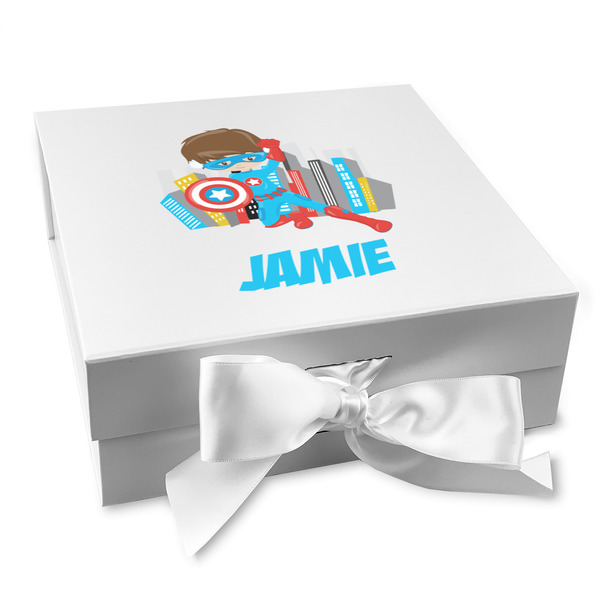 Custom Superhero in the City Gift Box with Magnetic Lid - White (Personalized)