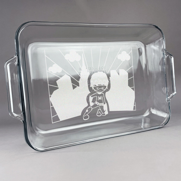 Custom Superhero in the City Glass Baking Dish with Truefit Lid - 13in x 9in