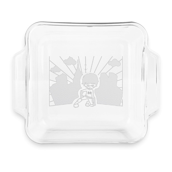 Custom Superhero in the City Glass Cake Dish with Truefit Lid - 8in x 8in