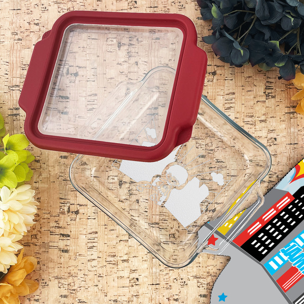 Superhero in the City Glass Cake Dish - LIFESTYLE (8x8)