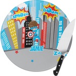 Superhero in the City Round Glass Cutting Board (Personalized)