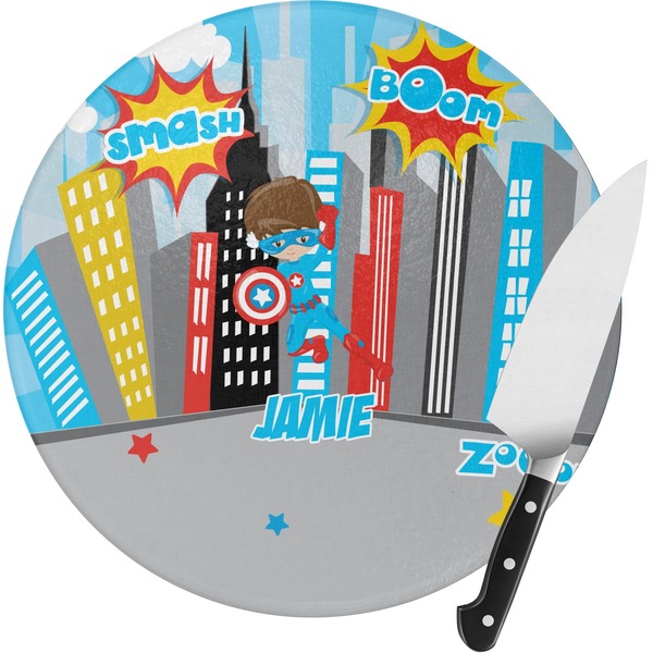 Custom Superhero in the City Round Glass Cutting Board - Medium (Personalized)