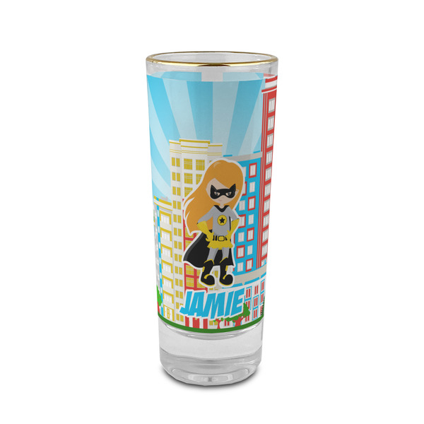 Custom Superhero in the City 2 oz Shot Glass -  Glass with Gold Rim - Single (Personalized)