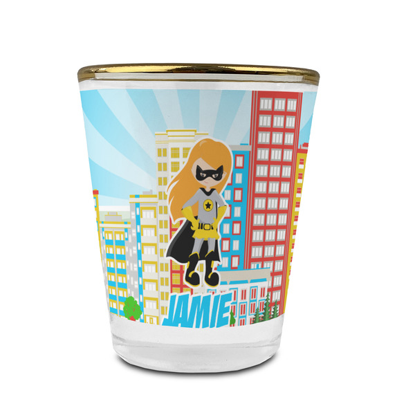 Custom Superhero in the City Glass Shot Glass - 1.5 oz - with Gold Rim - Single (Personalized)