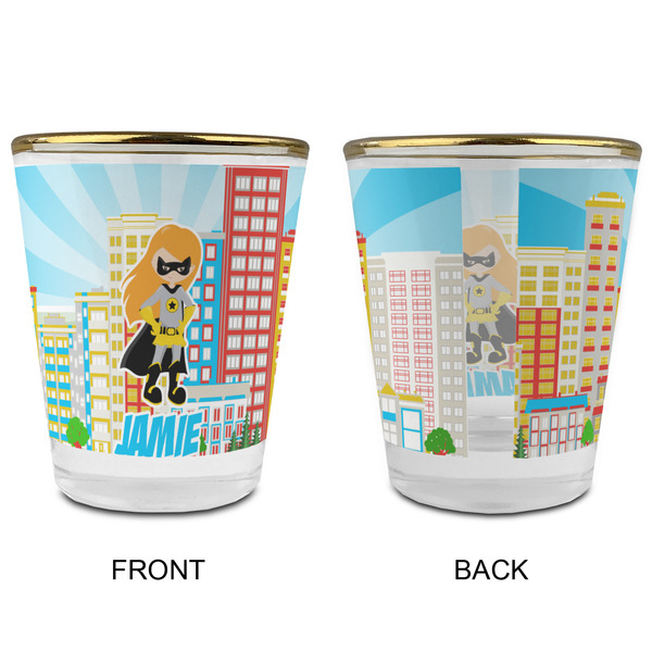 Superhero in the City Glass Shot Glass - with gold rim - APPROVAL