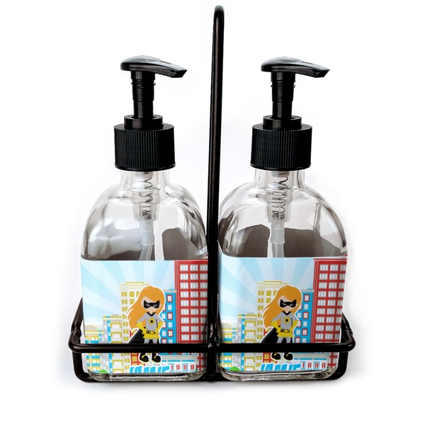 Custom Superhero in the City Glass Soap & Lotion Bottle Set (Personalized)