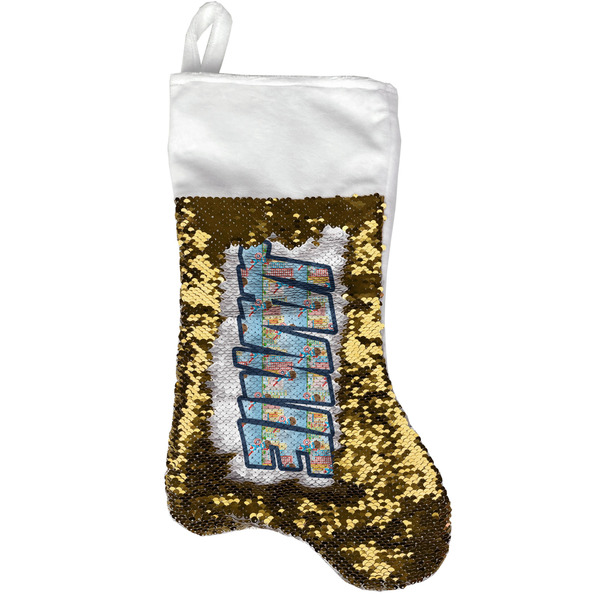 Custom Superhero in the City Reversible Sequin Stocking - Gold (Personalized)