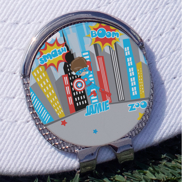 Custom Superhero in the City Golf Ball Marker - Hat Clip
