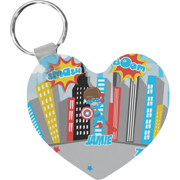 Custom Superhero in the City Heart Plastic Keychain w/ Name or Text
