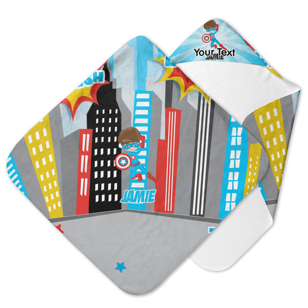 Custom Superhero in the City Hooded Baby Towel (Personalized)