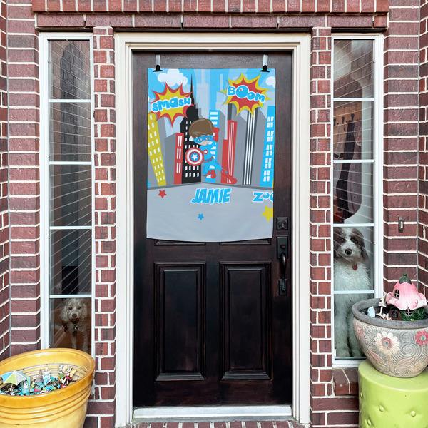 Superhero in the City House Flags - Double Sided - (Over the door) LIFESTYLE