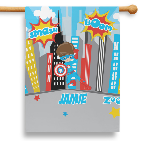 Custom Superhero in the City 28" House Flag - Double Sided (Personalized)