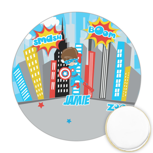 Custom Superhero in the City Printed Cookie Topper - 2.5" (Personalized)