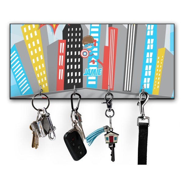 Custom Superhero in the City Key Hanger w/ 4 Hooks w/ Graphics and Text