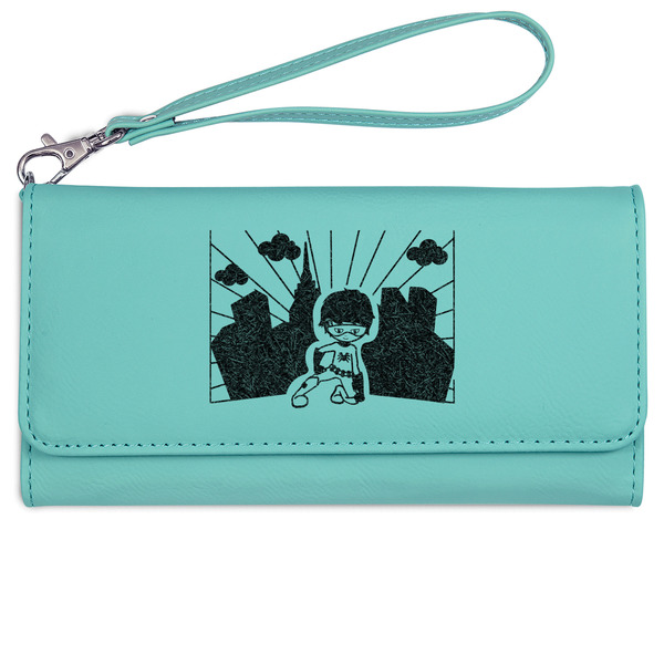 Superhero in the City Ladies Wallet - Leather - Teal - Front View