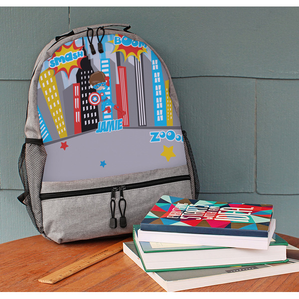 Superhero in the City Large Backpack - Gray - On Desk