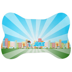 Superhero in the City Bone Shaped Dog Food Mat (Large) (Personalized)