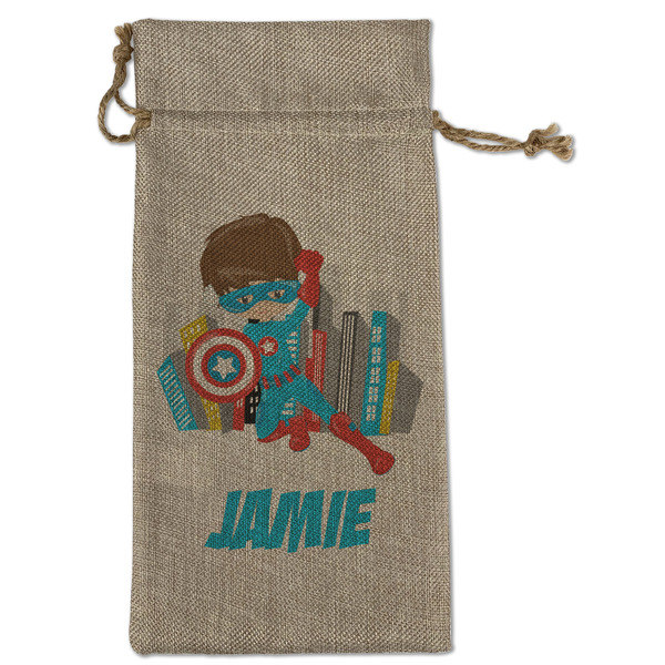 Custom Superhero in the City Large Burlap Gift Bag - Front (Personalized)