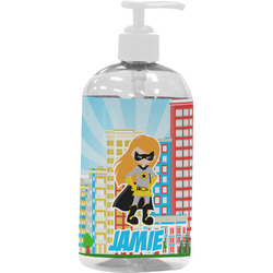 Superhero in the City Plastic Soap / Lotion Dispenser (16 oz - Large - White) (Personalized)
