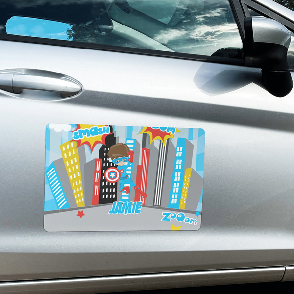 Superhero in the City Large Rectangle Car Magnets- In Context