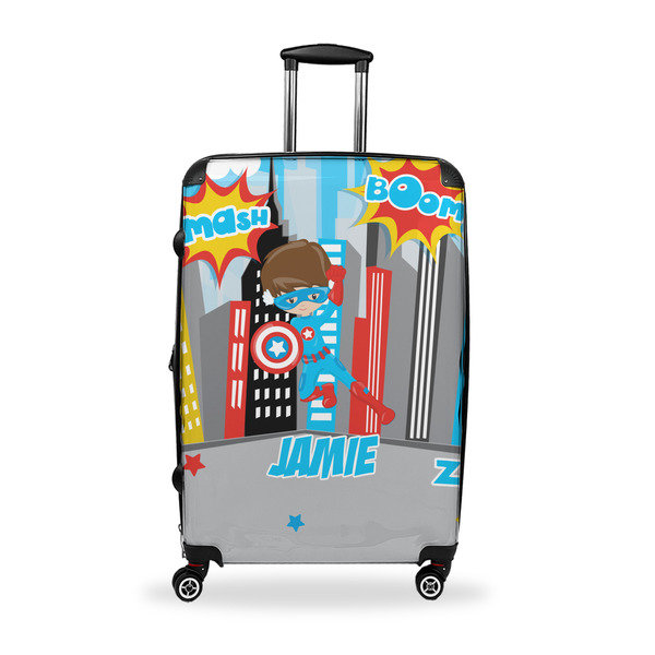Custom Superhero in the City Suitcase - 28" Large - Checked w/ Name or Text