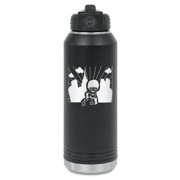 Custom Superhero in the City Water Bottle - Laser Engraved - Front