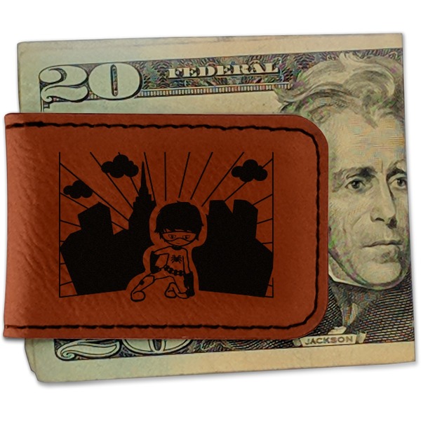Custom Superhero in the City Leatherette Magnetic Money Clip - Single Sided